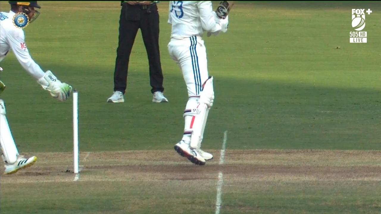 Jasprit Bumrah was flying high when Ben Foakes reacted. Photo: Fox Cricket.