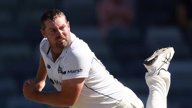 PERTH, AUSTRALIA - MARCH 14: Jon Holland of Victoria bowls during Day 1 of the Sheffield Shield match between Western Australia and Victoria at the WACA, on March 14, 2023, in Perth, Australia. (Photo by Paul Kane/Getty Images)