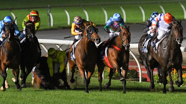 Jockey Barend Vorster is thrown from Manuel in the closing stages of the Australia Stakes.