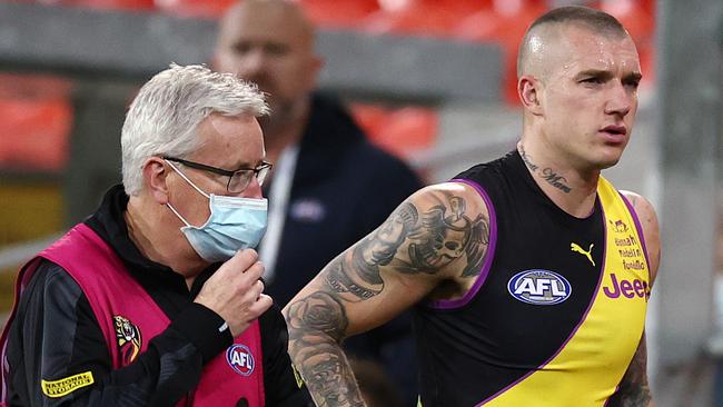 Dustin Martin came off late in the third quarter with a suspected rib injury. Picture: Michael Klein