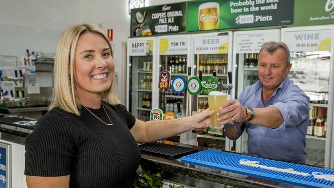 Chasity Baker with Marty Damjanoski at Greenmount Beach Surf Club after listening to Queensland Premier Annastacia Palaszczuk making the announcements about the QLD/NSW border and new relaxed COVID-19 restrictions. Picture: Jerad Williams