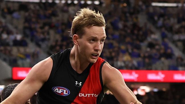 PERTH, AUSTRALIA - MAY 04: Darcy Parish of the Bombers in action during the round eight AFL match between West Coast Eagles and Essendon Bombers at Optus Stadium, on May 04, 2024, in Perth, Australia. (Photo by Paul Kane/Getty Images)