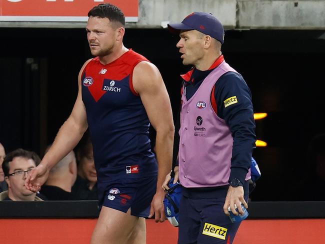 Melbourne’s Steven May appeared to injury his hamstring in the first quarter against Geelong. (Photo by Michael Willson/AFL Photos via Getty Images)