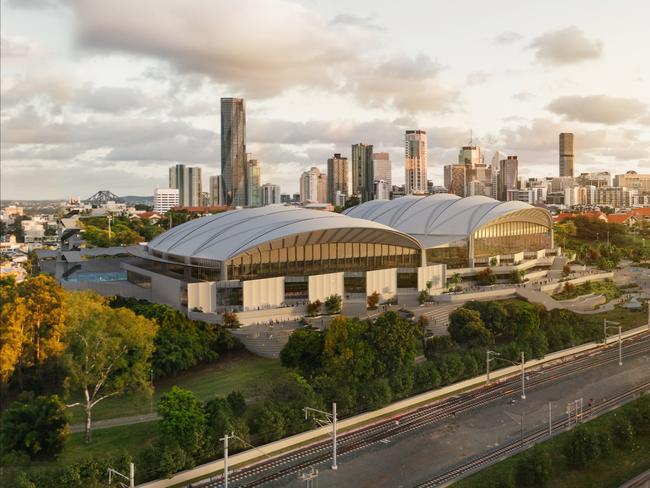 Artist impressions of the National Aquatics Centre proposed for the Brisbane 2032 Olympic Games. Credit: Archipelago Architects.