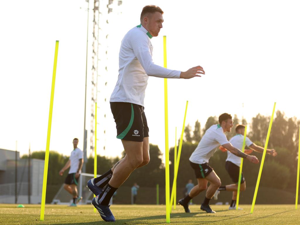 Harry Souttar is working hard on the training paddock at the Asian Cup. Picture: Robert Cianflone/Getty Images