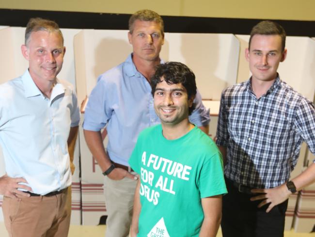 Rowan Holzberger (ALP), left, Robert Buegge (IND), Amin Javanmard (Greens) and Sam O'Connor (LNP).