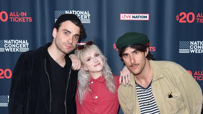 Bandmates Taylor York and Zac Farro with Williams before the band decided to take a break. Picture: Michael Loccisano/Getty Images for Live Nation.