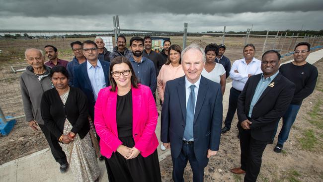 Education Minister Sarah Mitchell and local MP Kevin Connolly with local parents at a new school site in Nirimba Fields, in Sydney's western suburbs. Picture: Julian Andrews