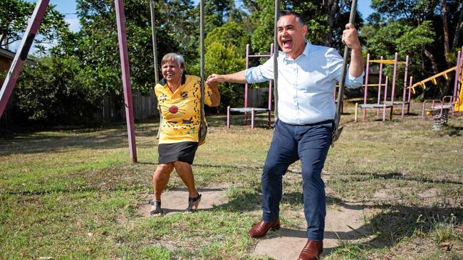 Deputy Premier of NSW John Barilaro with Aunty Jenny Skinner at the old Wongala Estate playground in February. Picture: TREVOR VEALE