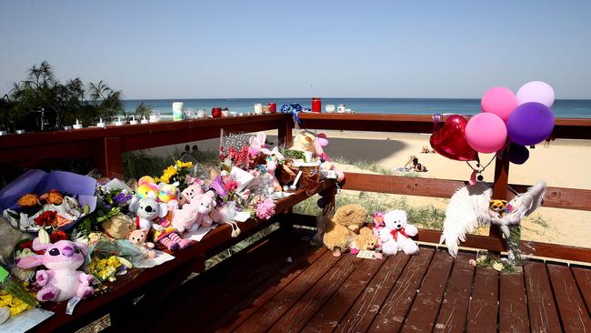 Flowers, candles and toys left at Surfers Paradise Beach after the baby’s body was found. Picture: Adam Head