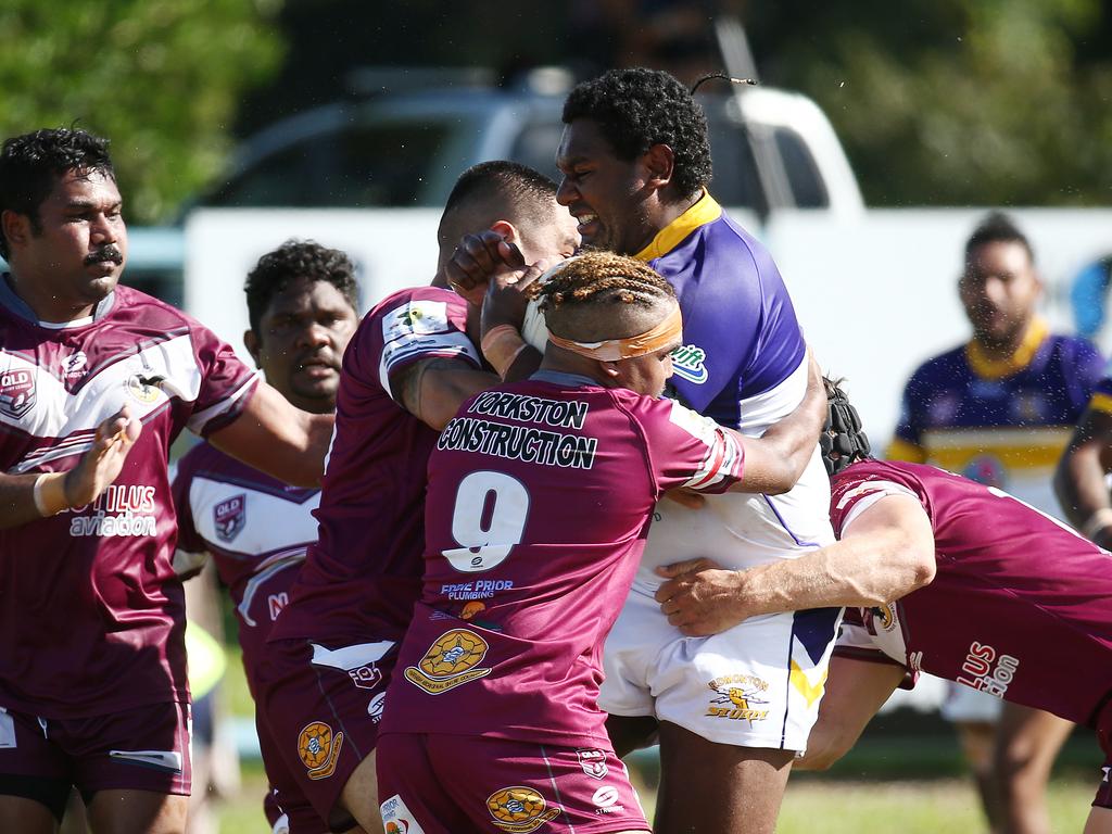 Edmonton's Tiaki Satrick runs into a wall of Yarrabah defence in the Cairns and District Rugby League (CDRL) match between, the Edmonton Storm and the Yarrabah Seahawks, held at Peterson Park, Edmonton. Picture: Brendan Radke