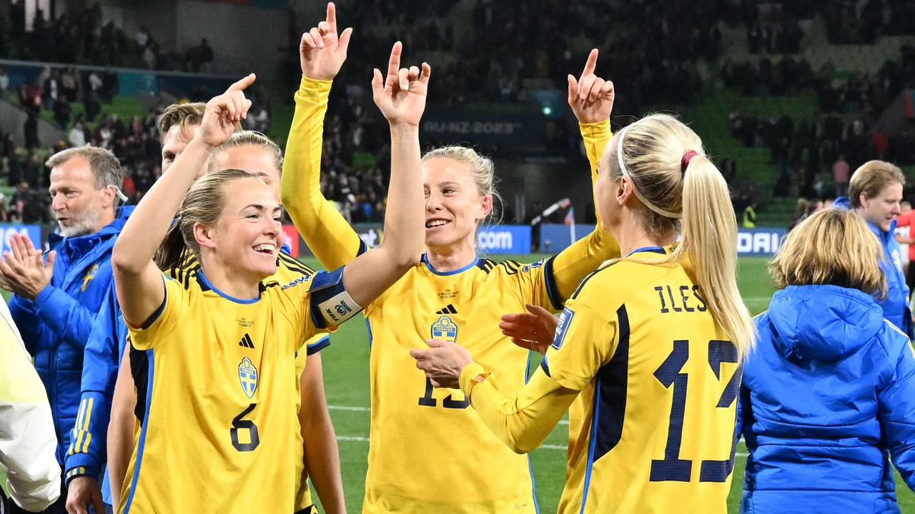 Sweden’s players celebrate. Picture: William West/AFP