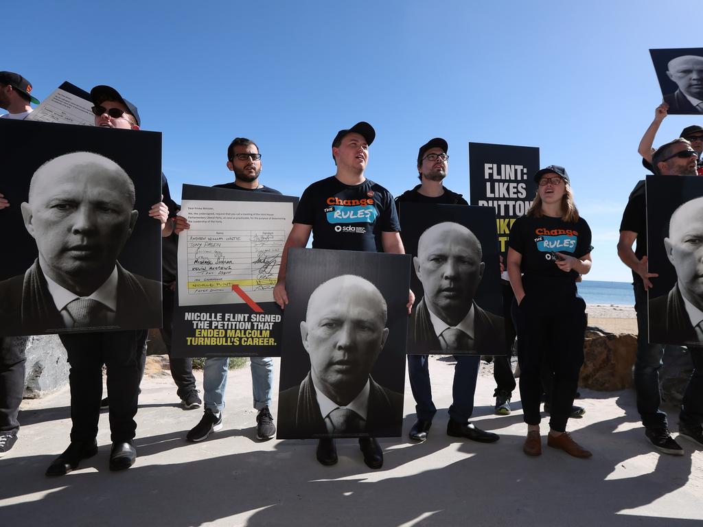 SA Unions rallied outside Ms Flint’s campaign launch, which was attended by Prime Minister Scott Morrison. Picture: Gary Ramage