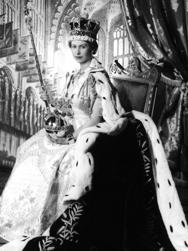 The newly crowned Queen Elizabeth in the Throne Room of Buckingham Palace.