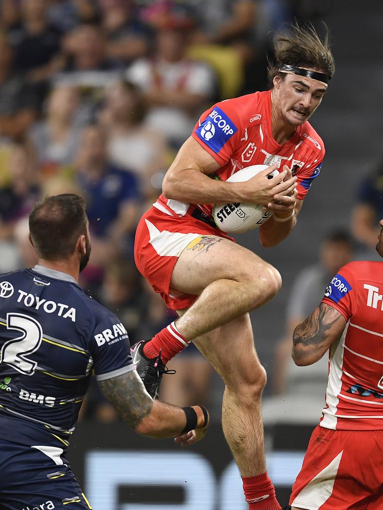 The high ball holds no fears for Cody Ramsey of the Dragons. Picture: Ian Hitchcock/Getty Images