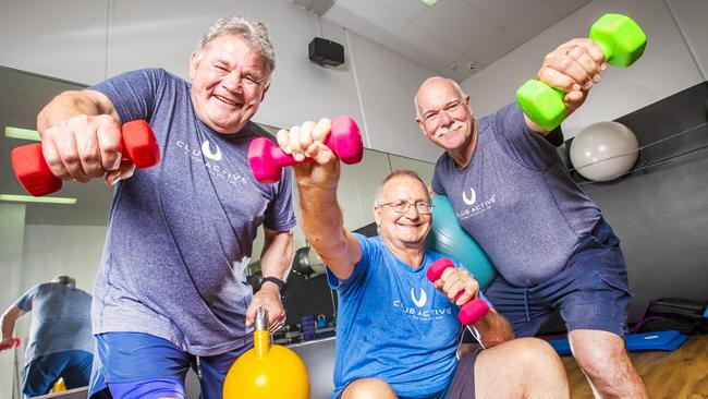 Gold Coast retirees Graham Eadie, Peter English and Bill Hipgrave. Picture: NIGEL HALLETT