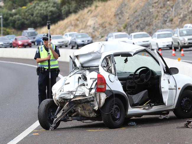 This car was in a serious accident on Southern Expressway in December after crashing because of an alleged speeding, stolen car. Picture: Stephen Laffer