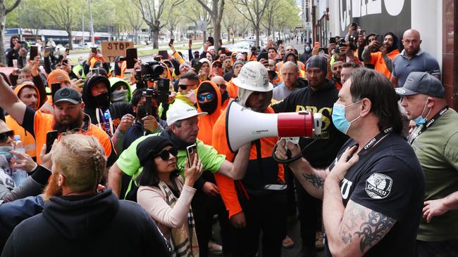 Victorian State Secretary of CFMEU John Setka attempts to talk to construction workers outside the CFMEU office. Picture: David Crosling