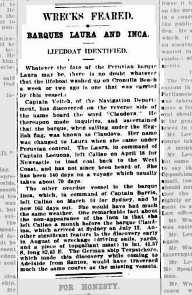 This September 6, 1911 clipping from the Sydney Morning Herald mentions the SV Inca, which is believed to be one of four shipwrecks found during the search for MH370. Picture: National Library of Australia