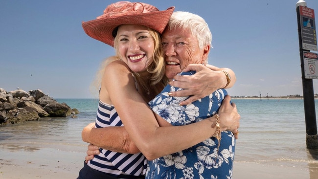 Eve Kheir (hat) who was saved from drowning after being spotted by Sue Williams 73, a resident in nearby Marina Pier at Glenelg. 3rd February 2025 Picture: Brett Hartwig