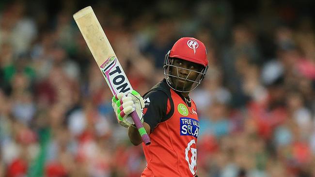 Dwayne Bravo celebrates bringing up a half-century for the Renegades.