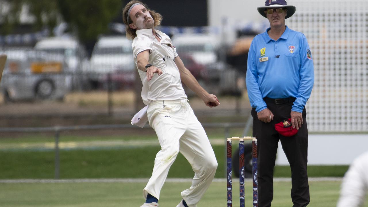 Adelaide's Liam Thompson fires one down for Adelaide in its Premier Cricket Division 1 clash against Port Adelaide. Picture: Jason Herriot/SACA