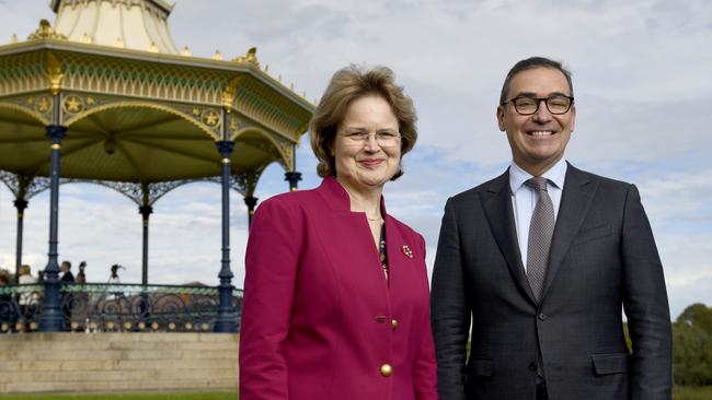 Frances Adamson with Premier Steven Marshall at the announcement of her appointment in Elder Park. Picture: Naomi Jellicoe