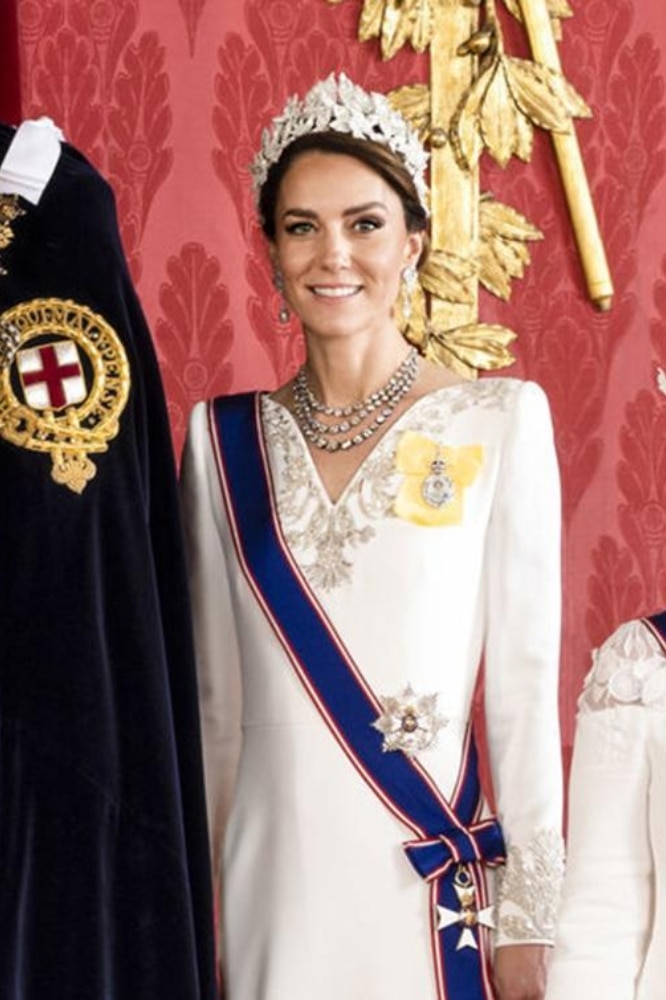 <h3>The George VI Festoon Necklace</h3><p>Commissioned in 1950 by George VI for his eldest daughter, the future Queen Elizabeth II, Kate first wore this necklace for King Charles III's coronation portrait, with her white Alexander McQueen gown and headpiece.</p>