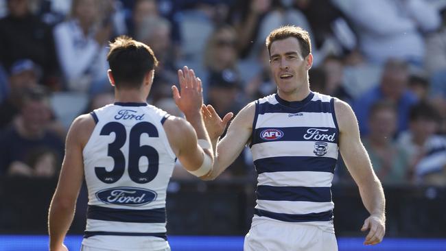 Jeremy Cameron celebrates one of his six goals. Picture: Darrian Traynor/Getty Images