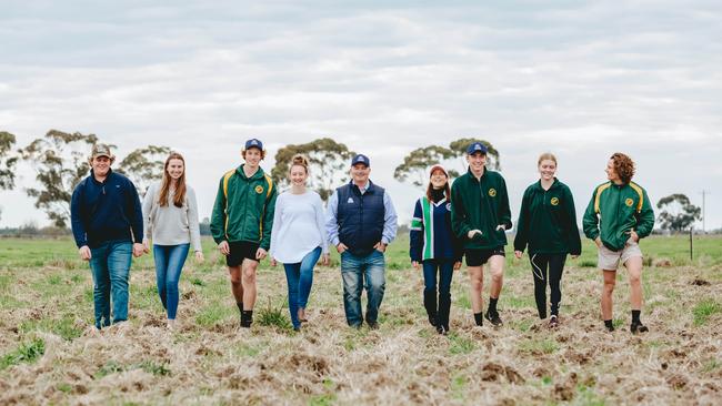 East Loddon P-12 College VCE students (from left) Hugh Cartwright, Jasmine Condliffe, Oscar Hocking, agriculture teacher Sarah Gladman, Dave Smyth of seed company Pioneer, ag teacher Paula Maxted, students Will Stringer, Taylah Diss and Jack Demeo in one of the school’s paddocks. Picture: Chloe Smith.