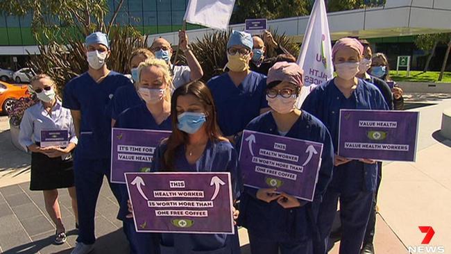 Around 100 allied health workers from nine major hospitals across Adelaide including the WCH, Flinders and the RAH are walking off the job in their fight for pay rises and better working conditions. Picture: 7NEWS