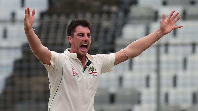 Fast bowler Pat Cummins unsuccessfully appeals for a leg before wicket decision during Australia’s last tour of Bangladesh in 2017. Picture: AFP