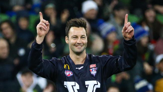 Jimmy Bartel celebrates a long bomb early. Pic: AAP