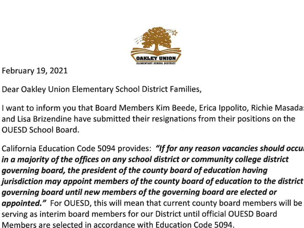 A letter from Superintendent Hetrick informing school communities that members of the board have resigned.