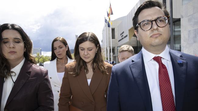 Brittany Higgins with her partner David Sharaz leaving the Magistrates Court in Canberra. Picture: NCA NewsWire / Gary Ramage