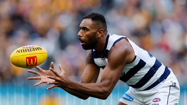 MELBOURNE - APRIL 10: Esava Ratugolea of the Cats marks the ball during the 2023 AFL Round 04 match between the Geelong Cats and the Hawthorn Hawks at the Melbourne Cricket Ground on April 10, 2023 in Melbourne, Australia. (Photo by Dylan Burns/AFL Photos via Getty Images)