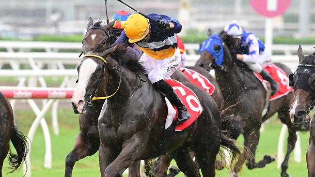 Abounding defies a storm at Eagle Farm to win the Listed Gold Edition Plate for jockey Martin Harley. Picture: Grant Peters - Trackside Photography