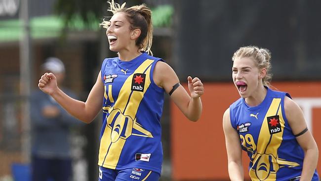 MELBOURNE, AUSTRALIA - FEBRUARY 20: Stephanie Asciak of the Jets celebrates a goal during the NAB League Girls match between the Sandringham Dragons and the Western Jets at Trevor Barker Oval on February 20, 2022 in Melbourne, Australia. (Photo by Cameron Grimes/AFL Photos)