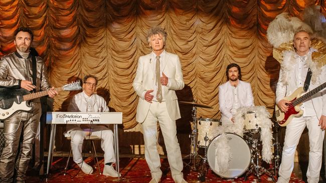 Australian rock band Crowded House released its seven album 'Dreamers Are Waiting' in June 2021. From left, Liam Finn, Mitchell Froom, Neil Finn, Elroy Finn and Nick Seymour. Picture: supplied