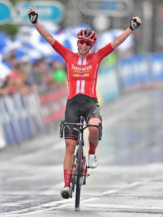 Liane Lippert celebrates her win in the Cadel Evans Great Ocean Road Race. Picture: Stephen Harman