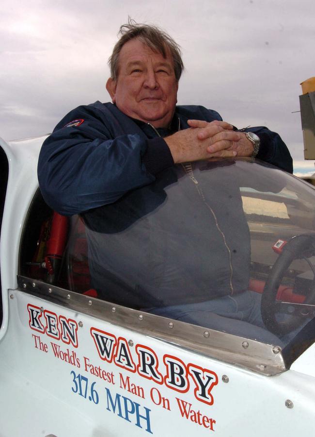 The world’s fastest man on water, 65-year-old Ken Warby, with a new jet-powered boat Aussie Spirit at Blowering Dam in October 2004. Picture: Jeff Herbert