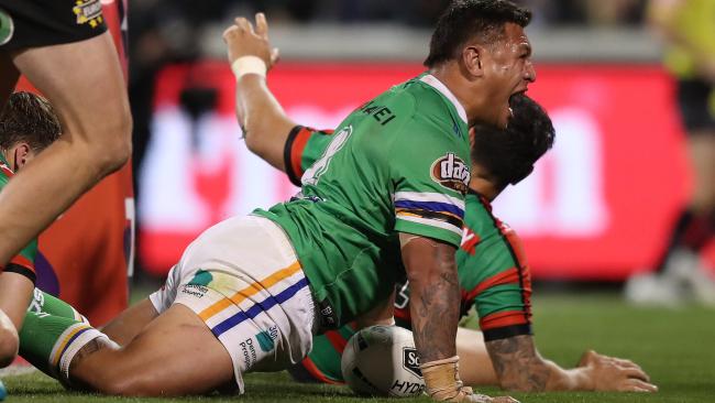 Josh Papalii scores a try for the Raiders. Picture: Brett Costello