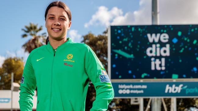 Matildas captain Sam Kerr in her home town of Perth on Friday after the FIFA vote. Picture: AAP