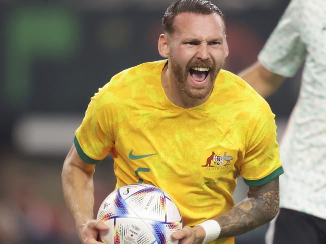 ARLINGTON, TEXAS - SEPTEMBER 9: Martin Boyle #6 of Australia celebrates after scoring a penalty kick during the friendly match between Mexico and Australia at AT&T Stadium on September 9, 2023 in Arlington, Texas. (Photo by Omar Vega/Getty Images)