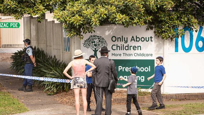 Members of the local Jewish community in Maroubra arrive with their children at the childcare centre which was firebombed in an anti-semitic attack. Picture: NewsWire/ Julian Andrews