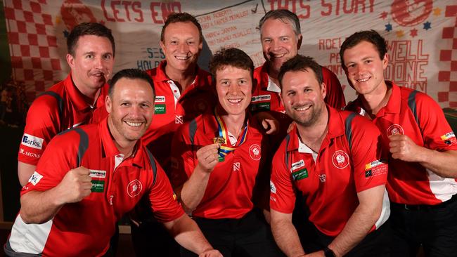 North Adelaide’s Campbell Combe is the Magarey medal winner for 2020. He is pictured with coaches Andrew Frackowski, Darren Reeves, Trent Mills, Campbell, Darryl Wintle, Jacob Surjan and Will Coombe. Picture: Keryn Stevens