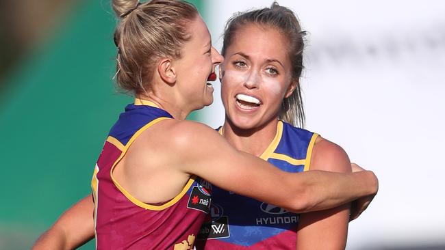 Kaitlyn Ashmore (right) celebrates a goal. Picture: Darren England