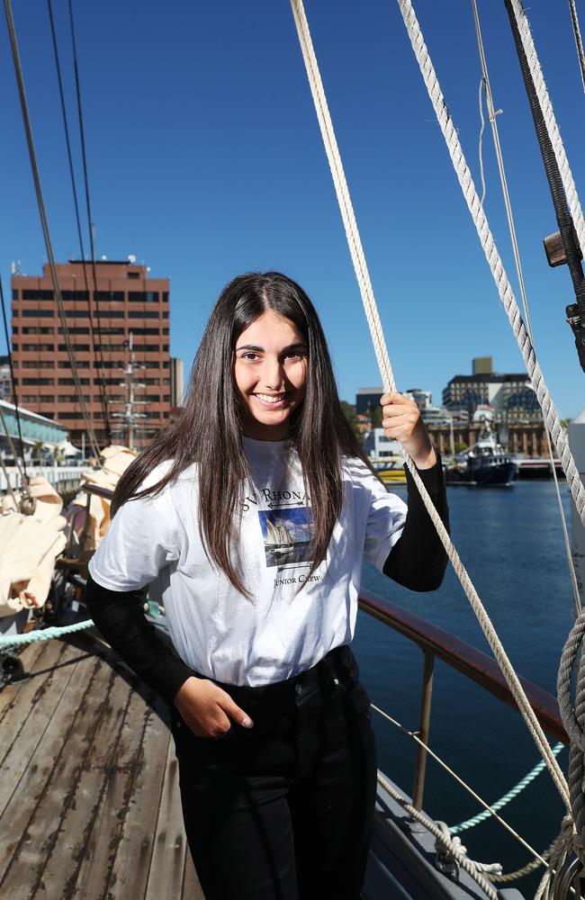 Paige Thomas 14 crew member of the SV Rhona H who were part of the flotilla to say goodbye to the Aurora Australis. Final voyage out of Hobart for the Aurora Australis. Picture: NIKKI DAVIS-JONES