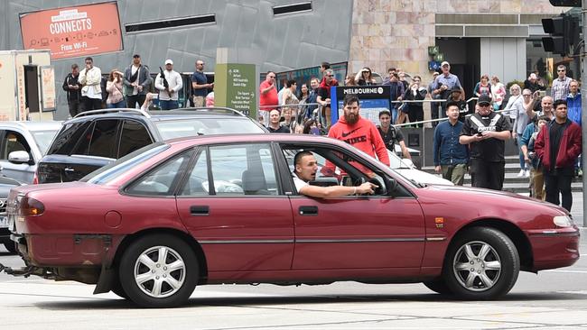 A car allegedly driven by Mr Gargasoulas at the corner of Swanston and Flinders St prior to the Bourke St incident. Picture: Tony Gough