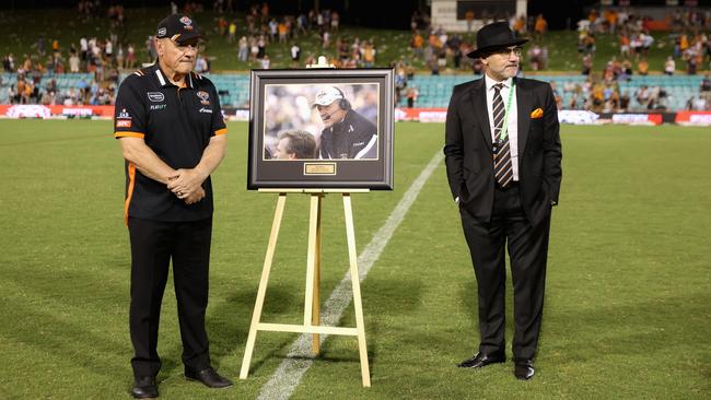 Tigers coach Tim Sheens is recognized after coaching his 250th match in round one. Picture: Getty